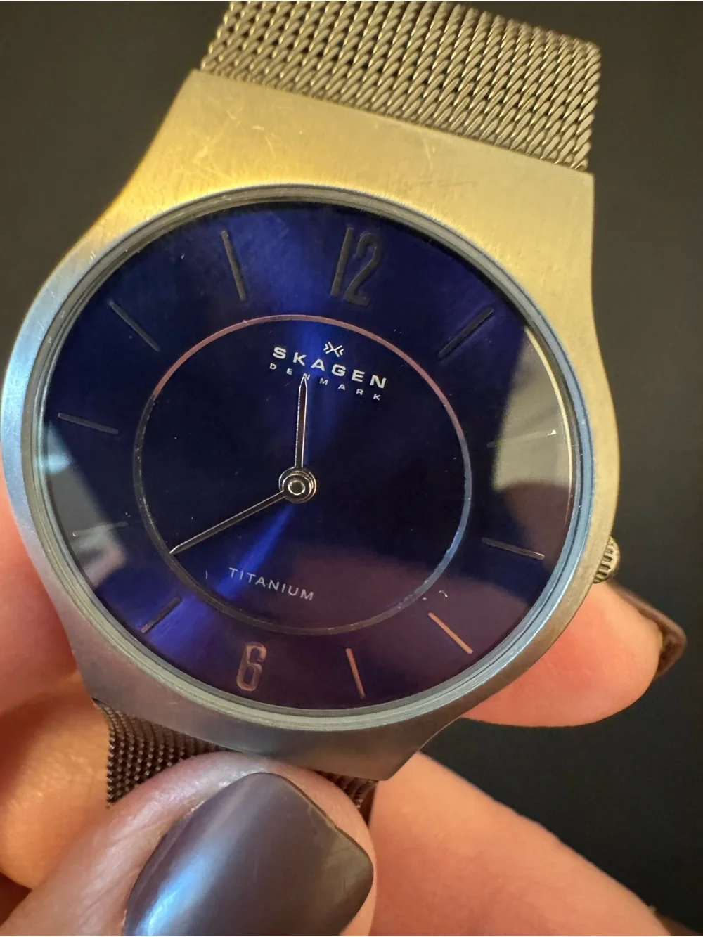 Vintage Skagen Titanium Men's Watch with Deep Blue Dial and Silver Mesh Band